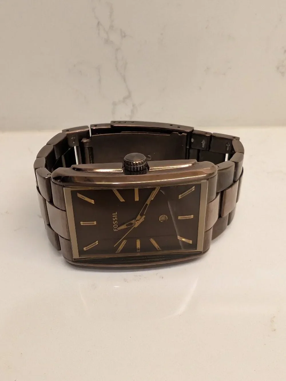 Fossil FS-4679 Men’s Rectangular Brown Stainless Steel Watch Date